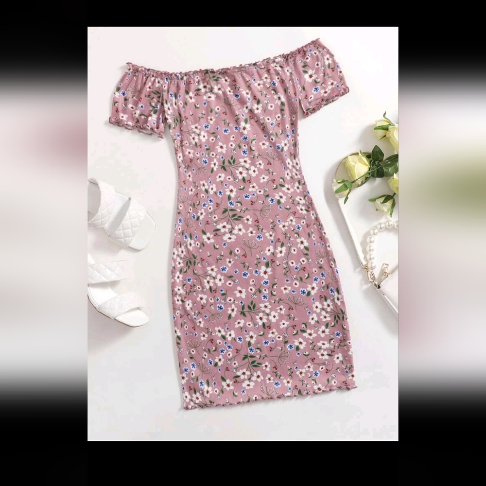 Off Shoulder Lettuce Trim Allover Floral Print Dress